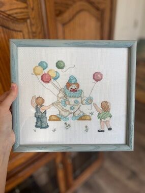 ☾ Vintage clown / balloons / kids / carnival themed needlepoint art w blue frame